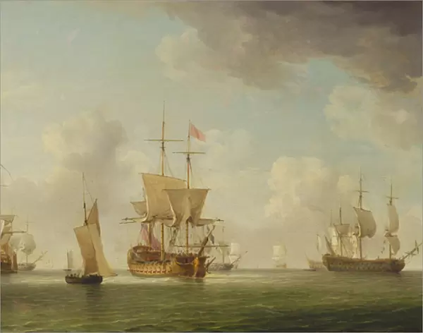 English Ships Under Sail in a Very Light Breeze (oil on canvas)