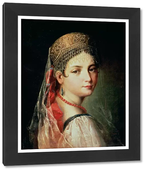 Portrait of a Young Girl in Sarafan and Kokoshnik, 1820s (oil on canvas)