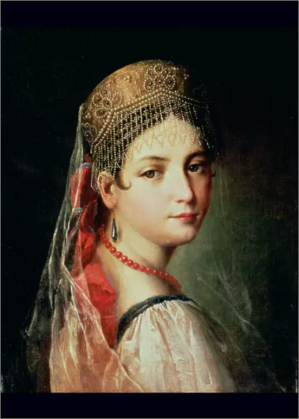 Portrait of a Young Girl in Sarafan and Kokoshnik, 1820s (oil on canvas)