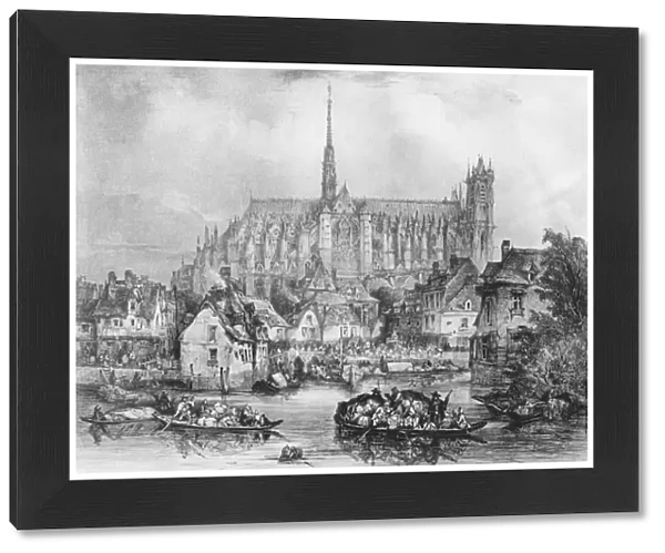View of the Cathedral of Notre Dame, Amiens, from Pont Dudon (litho) (b  /  w photo)