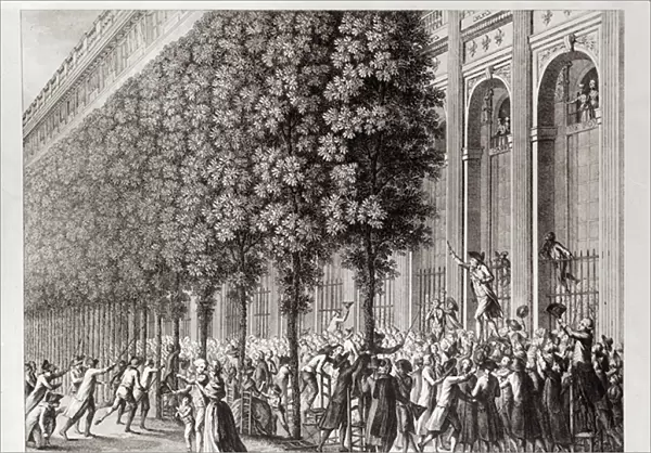 Camille Desmoulins (1760-94) Speaking at the Palais Royal, 12 July 1789, engraved