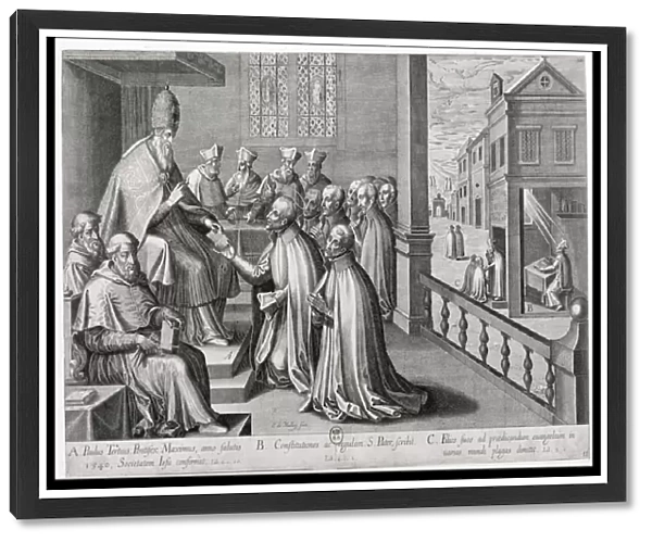 Pope Paul III (1468-1549) Receiving the Rule of the Society of Jesus, 1540 (engraving)