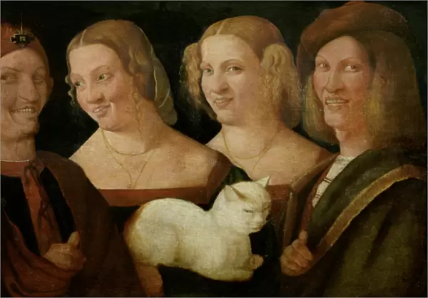 Four People Laughing at the Sight of a Cat (oil on canvas)