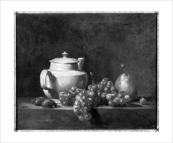White Teapot with Two Chestnuts, White Grapes and a Pear (oil on canvas) (b  /  w photo)