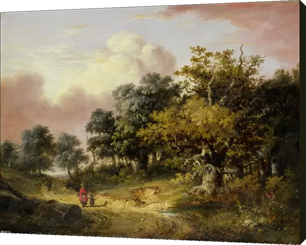 Wooded Landscape with Woman and Child Walking Down a Road (oil on panel)
