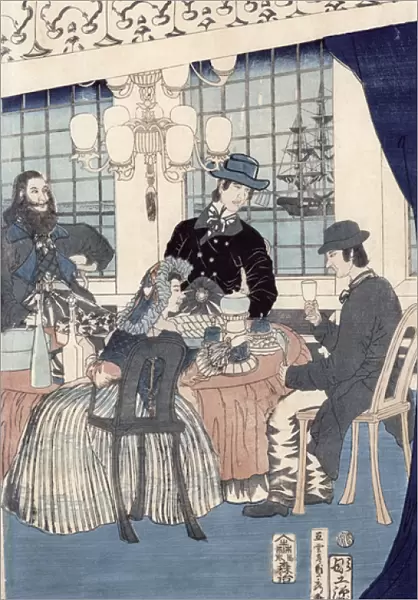 The salon of a house of foreign merchants at Yokohama, 1861 (colour woodblock print)