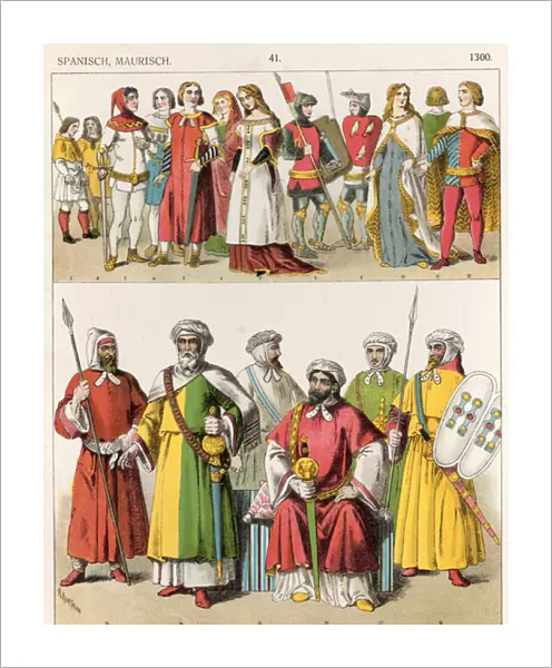 Spanish and Moorish Dress, c. 1300, from Trachten der Voelker, 1864 (coloured