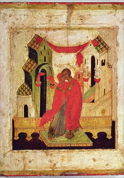 Icon depicting the meeting at the Golden Gate, Novgorod School (oil on panel)