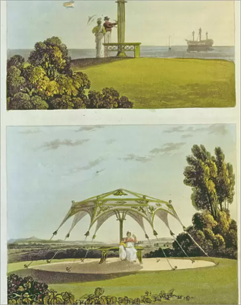 Two ornate covered garden seats from Repository of Arts, by Ackermann, 1822