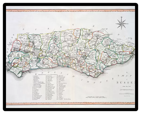 Map of Sussex, 26th March 1805 (hand coloured engraving)