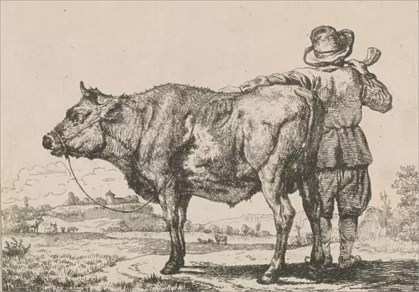 Man standing with bull (etching)