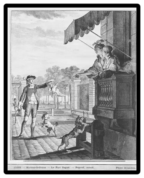 Taking up a bet, engraved by Camligue (fl. 1785) c. 1777 (engraving) (b  /  w photo)