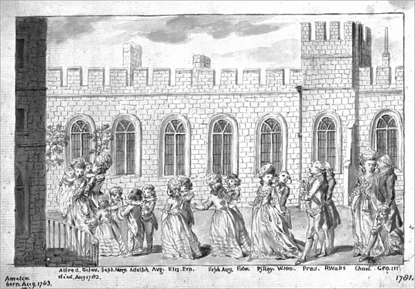 King George III and Queen Charlotte walking in procession with their fourteen children