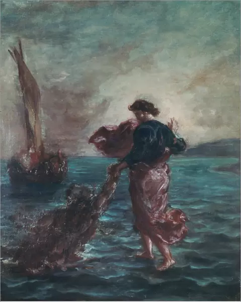 Christ walking on water and reaching out his hand to save Saint Peter (oil on canvas)