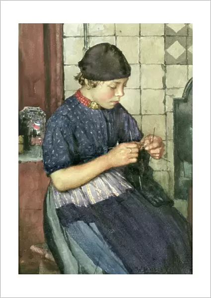 Girl Knitting (oil on canvas)