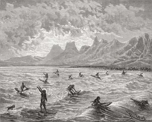 Hawaiians surfing, illustration from The World in the Hands, engraved by Charles Barbant