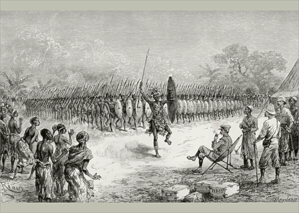 Sir Henry Morton Stanley watching a phalanx dance by Mazambonis warriors at Usiri