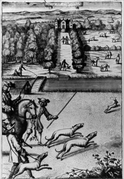 Coursing with Greyhounds, from The Gentlemans Recreation published by Richard Blome