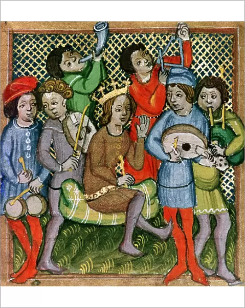 Seated crowned figure surrounded by musicians playing the lute, bagpipes, triangle