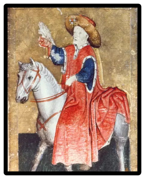 A mounted falconer, one of a set of playing cards depicting scenes of courtly hawking
