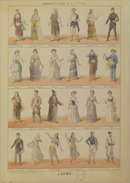 Cast of characters from the opera Lakme by Leo Delibes (1861-91) (colour litho)