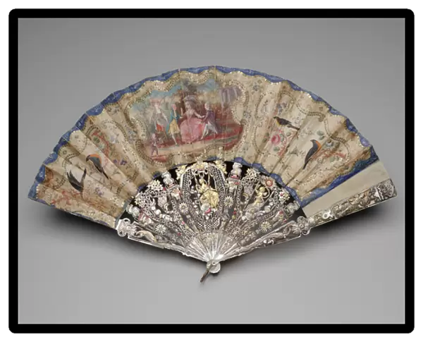 Folding fan with a courting scene, c. 1770-80 (gouache on double silk leaf, brass sequins