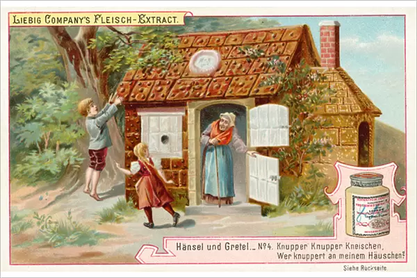 Hansel and Gretel: Hansel and Gretel find the gingerbread house (chromolitho)