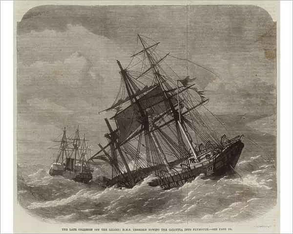 The Late Collision off the Lizard, HMS Terrible towing the Calcutta into Plymouth (engraving)