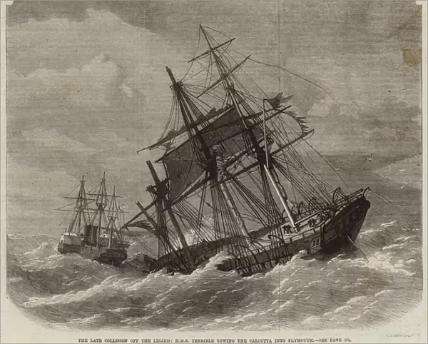 The Late Collision off the Lizard, HMS Terrible towing the Calcutta into Plymouth (engraving)