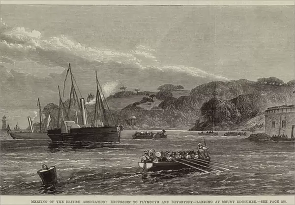 Meeting of the British Association, Excursion to Plymouth and Devonport, landing at Mount Edgcumbe (engraving)
