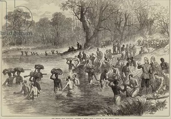 The Return from Coomassie, crossing a River (engraving)