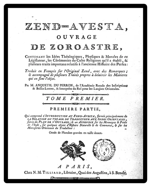 Frontispiece of an edition of the Zend Avesta, 1771 (engraving) (b  /  w photo)