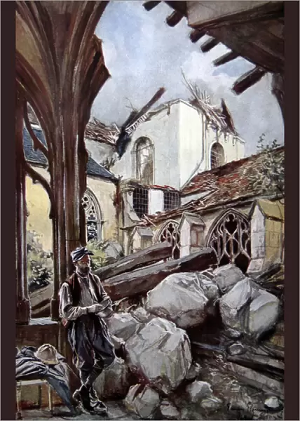 Verdun Cathedral after a German Bombing, 1914 (colour litho)
