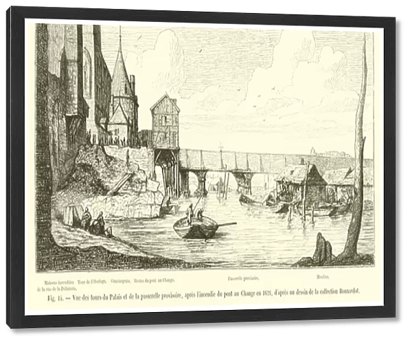 Vue des tours du Palais et de la passerelle provisoire, apres l incendie du pont au Change en 1621, d apres un dessin de la collection Bonnardot (engraving)
