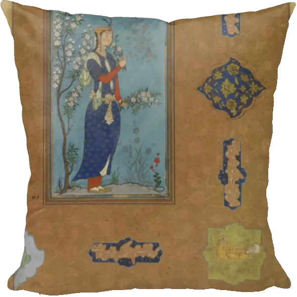 Woman with a spray of flowers, Safavid Period, c. 1575 (w  /  c & gold on paper)
