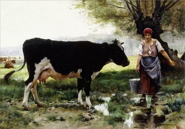 A Milkmaid with her Cow, (oil on canvas)