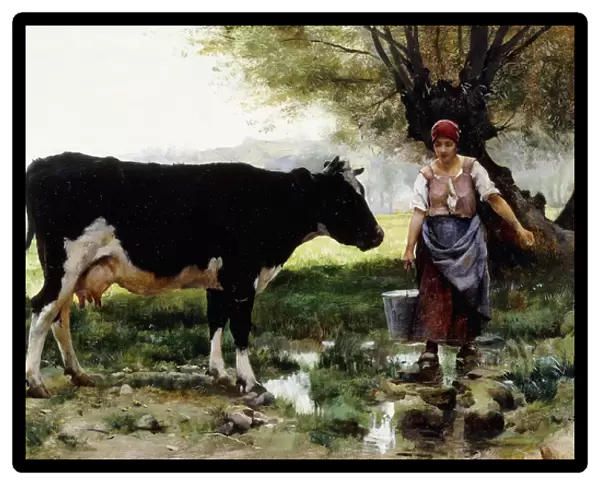 A Milkmaid with her Cow, (oil on canvas)