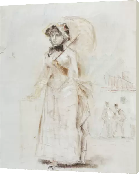 Woman Walking with open Umbrella; Femme en Promenade tenant une Ombrelle ouverte