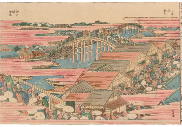 Fish Market by River in Edo at Nihonbashi Bridge (colour woodblock print)