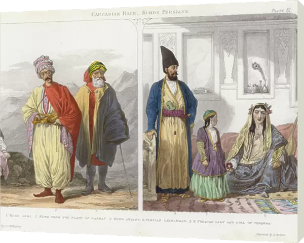Caucasian Race, Kurds, Persians (coloured engraving)