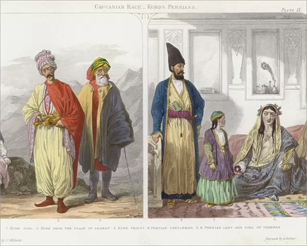 Caucasian Race, Kurds, Persians (coloured engraving)