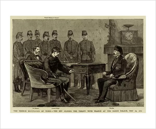 The French Occupation of Tunis, the Bey signing the Treaty with France at the Bardo Palace, 12 May 1881 (engraving)