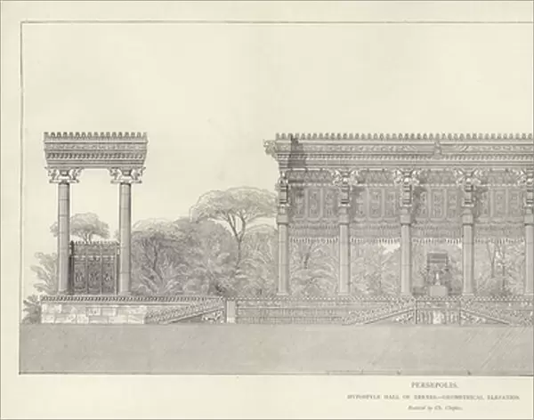 Persepolis, Hypostyle Hall of Xerxes, geometrical elevation, restored by Ch Chipiez (engraving)