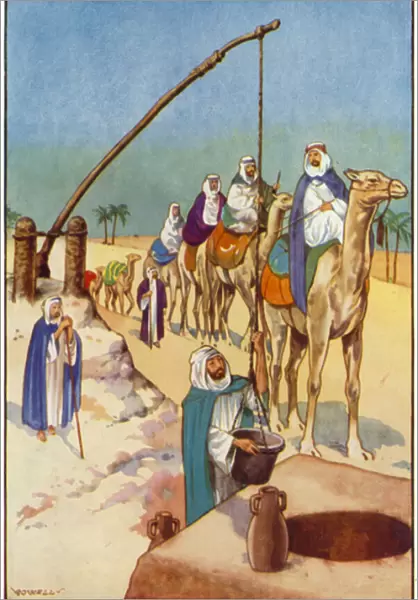 A Halting-Place in the Desert, Drawing Water from a Well (colour litho)