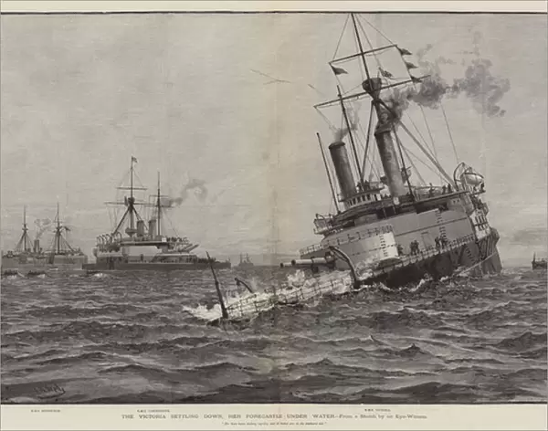 The Victoria settling down, her Forecastle under Water (engraving)
