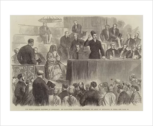 The Social Science Congress at Sheffield, Sir Manockjee Cursetjee delivering his Essay on Education in India (engraving)