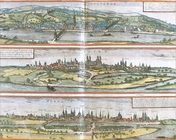 View of Heidelberg (Heidelberga), Spire (Spira) and Worms (Wormatia), Germany (etching