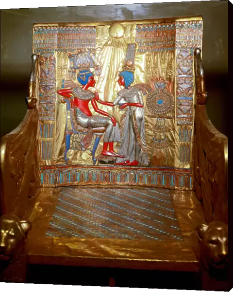 Egyptian antiquitis: a trone in golden wood and painted by Tutankhamun being part of