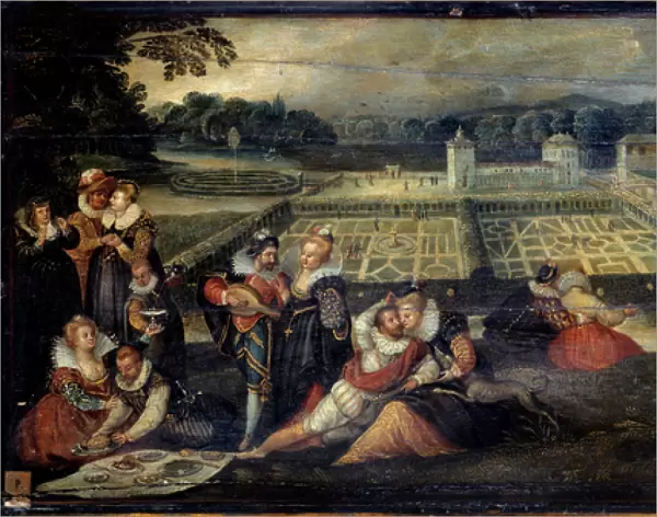 Snack in a park. Gallant picnic scene in a garden. Painting of the Flemish school of