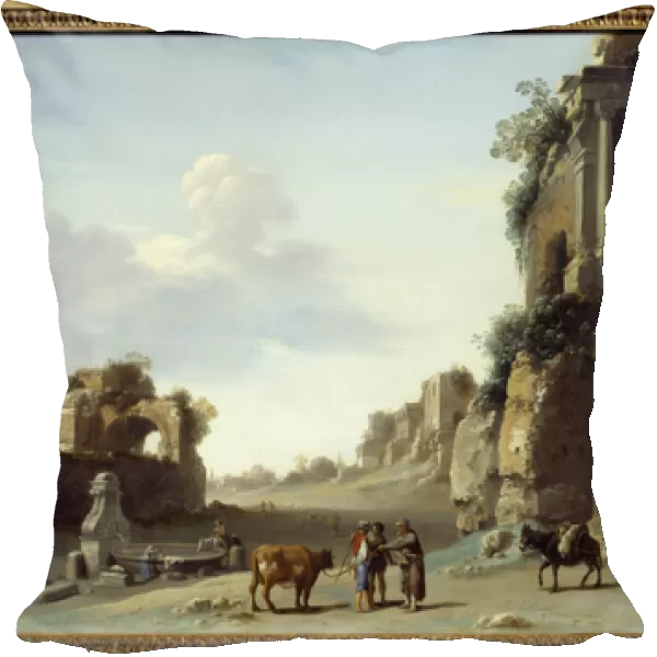 Fantastic view of Campo Vaccino in Rome with two donkeys Painting by Cornelis van